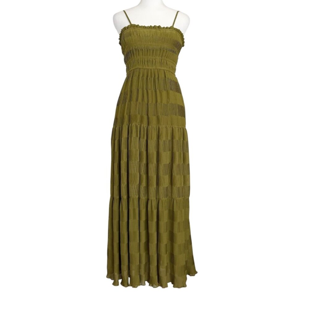 Blu Pepper Green Boho Cottagecore Spaghetti Strap Ruched Tiered Maxi Dress (S)